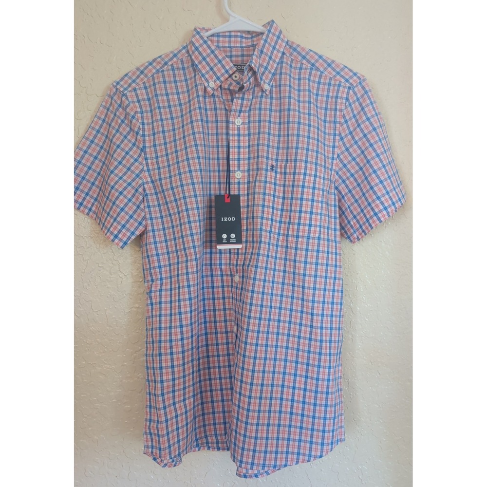 Izod Regatta Mens Small Short Sleeve Button Down Shirt Pink & Blue Plaid Pattern